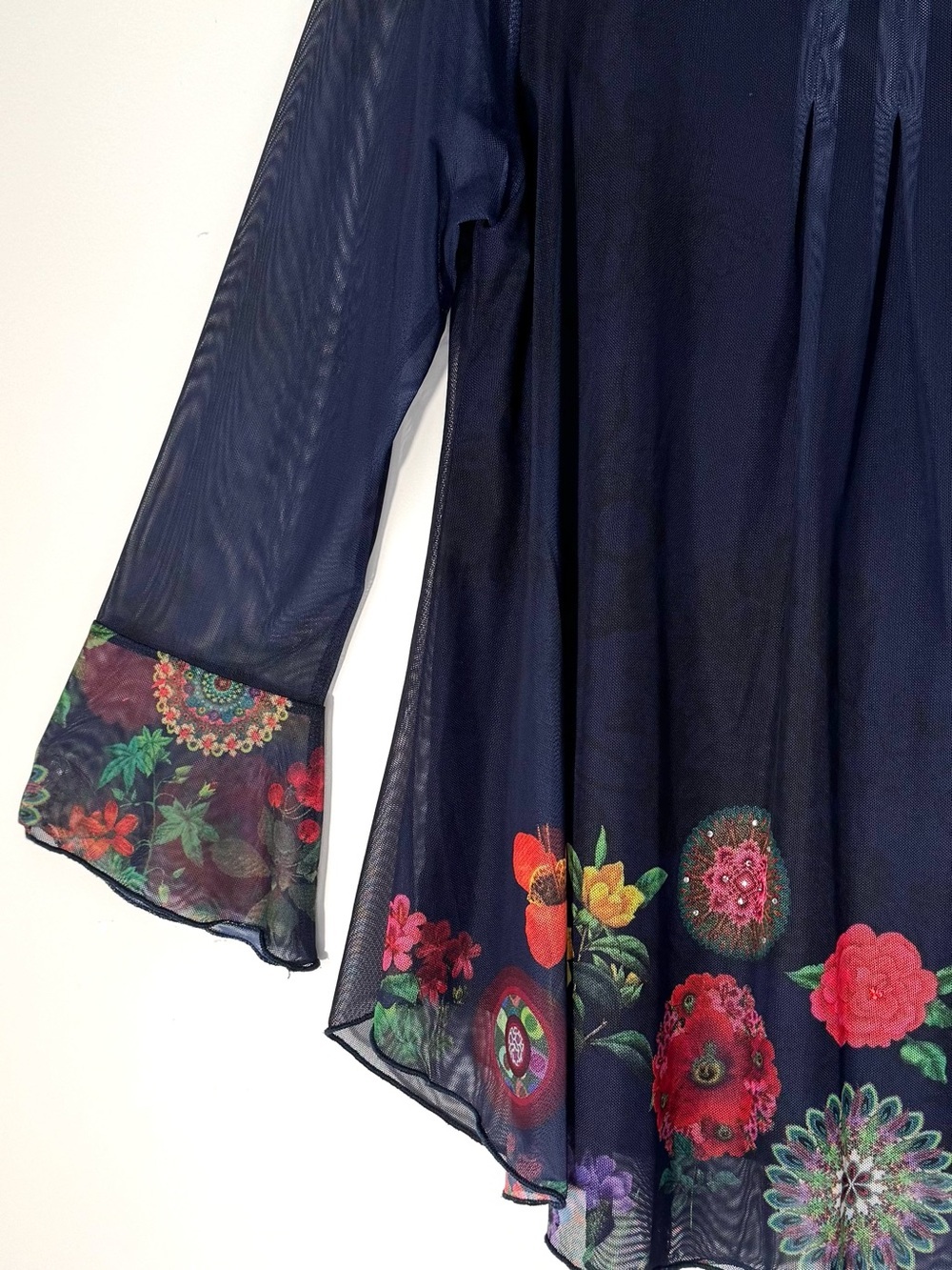 Desigual Top Navy Blue Boho Floral Artsy Pleated Sheer Mesh Bell Sleeve - Picture 4 of 12